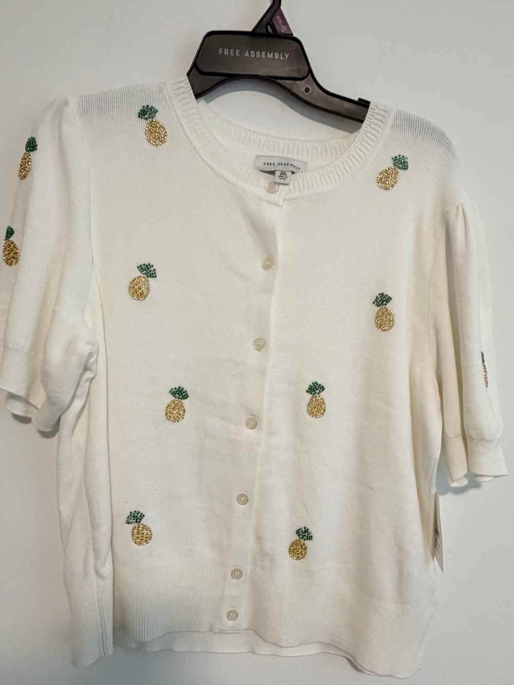 Free Assembly White Pineapple Embroidered Button Cardigan